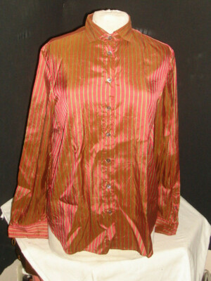 Italian GIORGIO ARMANI Black Label Maroon Striped 100% Silk L/S Blouse 48/US 16