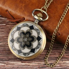 Mens Pocket Watch with Necklace Chain Vintage Elegant Flowers Quartz Fob Watches