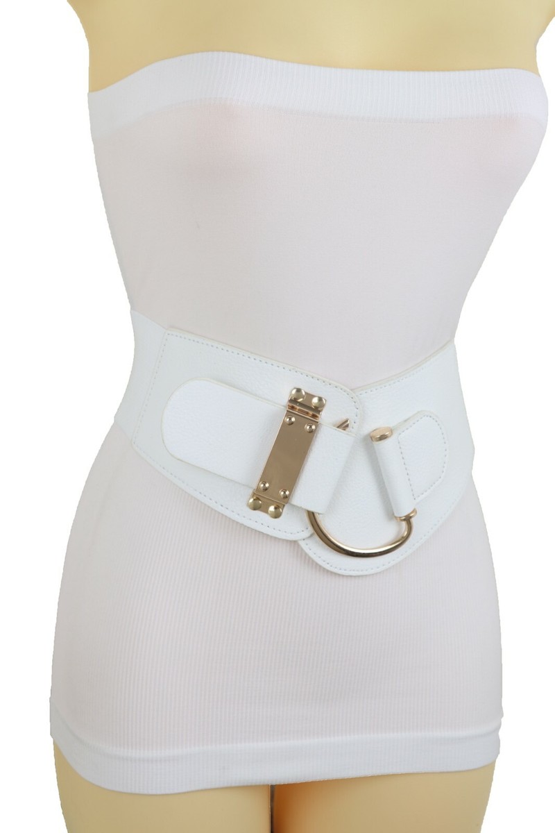 Women White Wide Elastic Band Belt Gold Metal Hook Buckle
