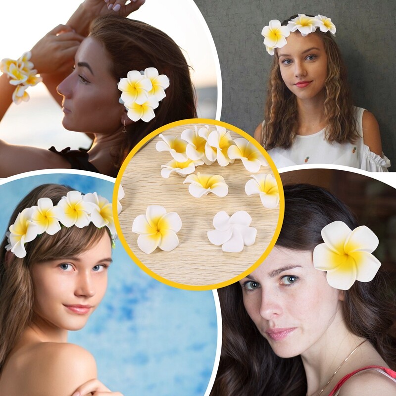 Lot De 100 Fleurs Frangipanier Artificielles En Mousse Hawaïenne – 5 Cm Jaune Pour Lei, Coiffure, Décoration Mariage Et Fête Tropicale