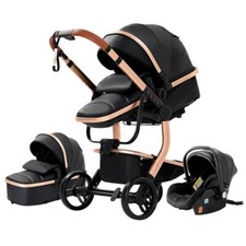 Passeggino 3 IN 1 Bambino Combinato Seggiolino Trio Reversibile Cuoio Pu.noir