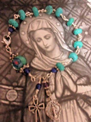 Rosary Bracelet Turquoise Gemstone Beads Blest .925  Size 6-6.50