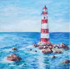 Leuchtturm Original AcrylMalerei Meer Küste maritim Kunst Urlaub Freude Geschenk