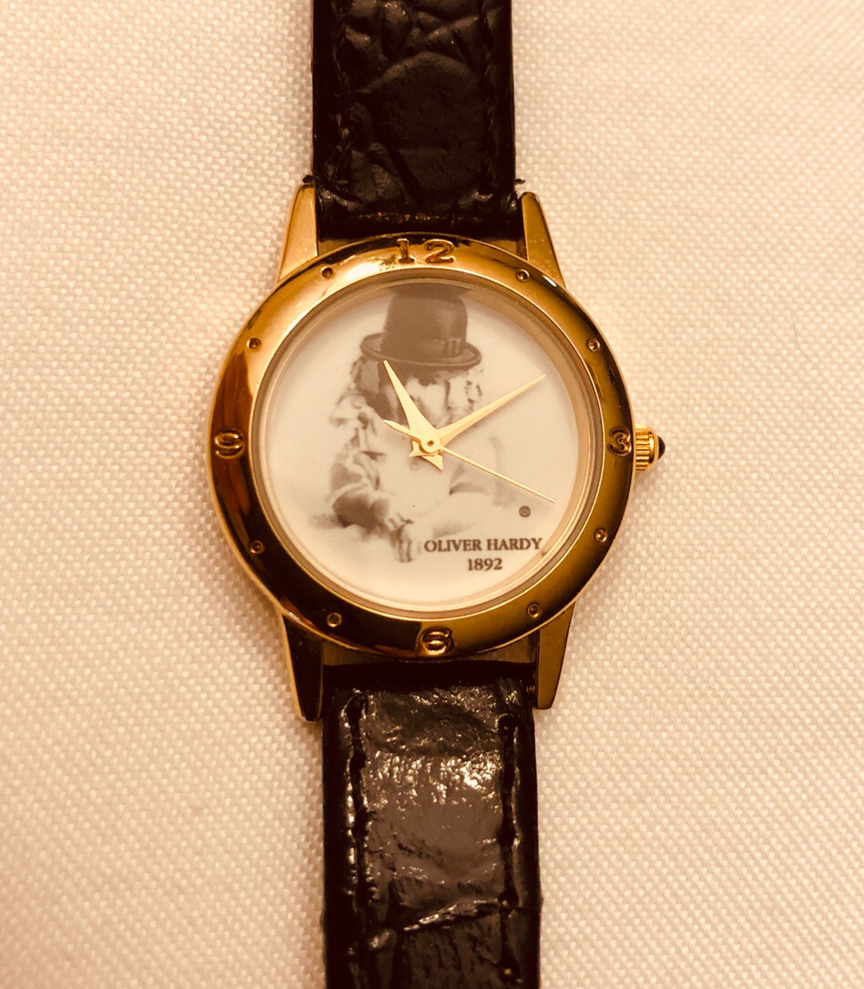 VINTAGE Novelty Watch OLIVER HARDY 1892 Black Leather Laurel & Hardy
