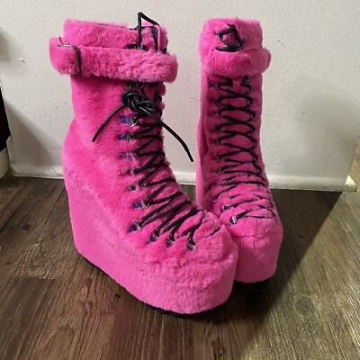 Dolls Kill Club Exx TRAITOR BOOTS HOT PINK FUR - Main Image