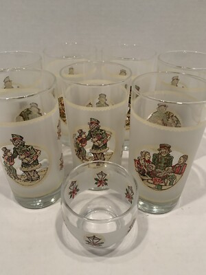 8 VTG Christmas Carol Scrooge Tiny Tim Frosted Drinking Glasses 7 Tall, 1 Juice
