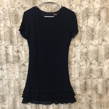 Lulu's Navy Blue Mini Lace Trim Short Sleeve Tiered Shift Scoop Neck Dress Small
