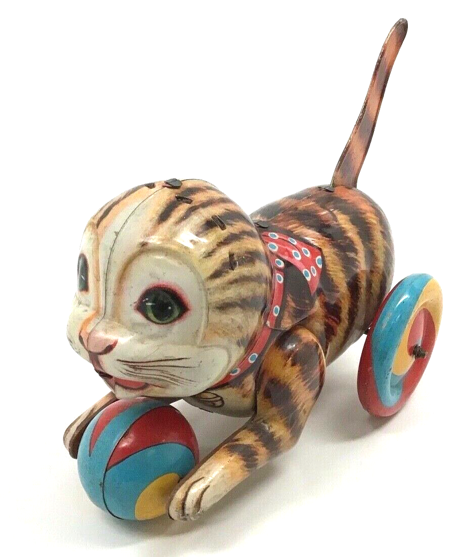 Vintage Cat holding a Ball Tin Litho Tail Wind Toy Made in Japan
