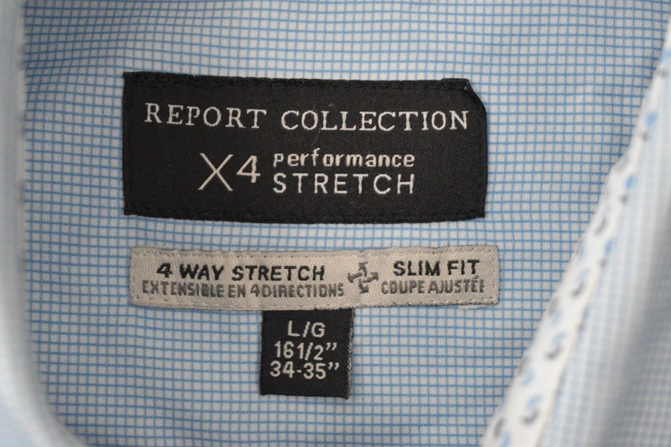 Report Collection Shirt L 16-16.5 34/35 Slim Blue Plaid Button Up 4 Way Stretch - Image 3 of 4