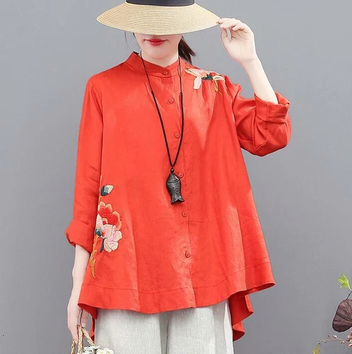 Retro Chinese Style Women's Cotton Blouse New Embroidery Loose Tops Shirts - Picture 11 of 15