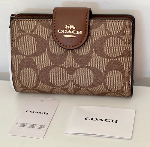 COACH SIGNATURE CANVAS MEDIUM CORNER ZIP WALLET in KHAKI SADDLE BROWN $178 SALE - Picture 2 of 8