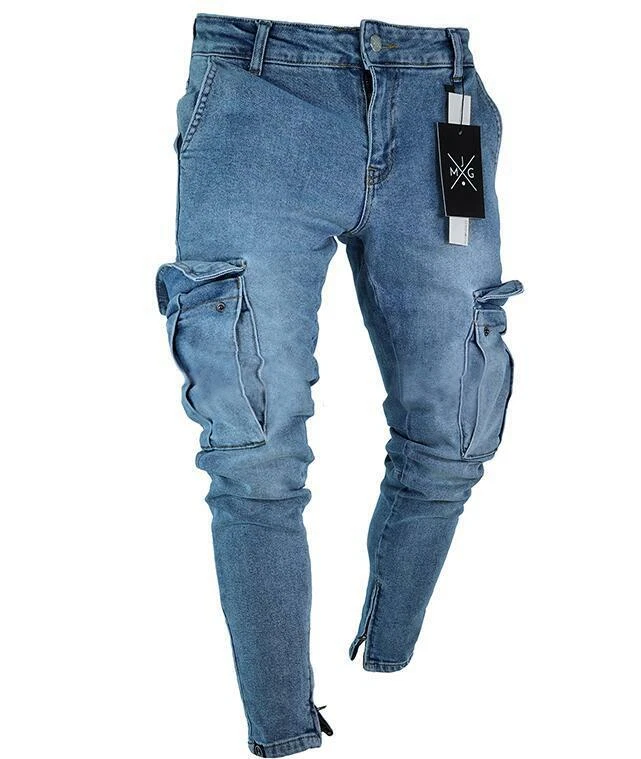 Pantalones Mezclilla Hombre Jeans Con Bolsillos De Cremallera Moda Vaqueros | eBay