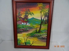 Country House Mountain Landscape Scene Oil Painting signed by artist  Roz