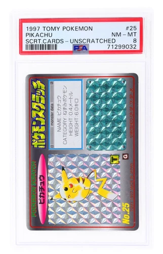 1997 Pokemon Tomy Scratch Cards #25 PIKACHU Prism Holo Unscratched PSA 8 RARE