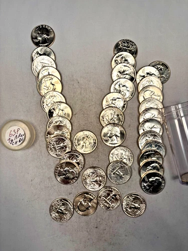 1963P WASHINGTON QUARTER 90% SILVER CH. BU BRILL UNC 40 COIN ROLL TYPE B REVERSE