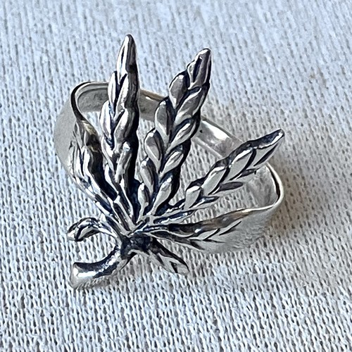 Vintage Sterling Silver 925 Ring Organic Shaped Hemp Leaf Size T Bohemian Nature - Picture 5 of 11