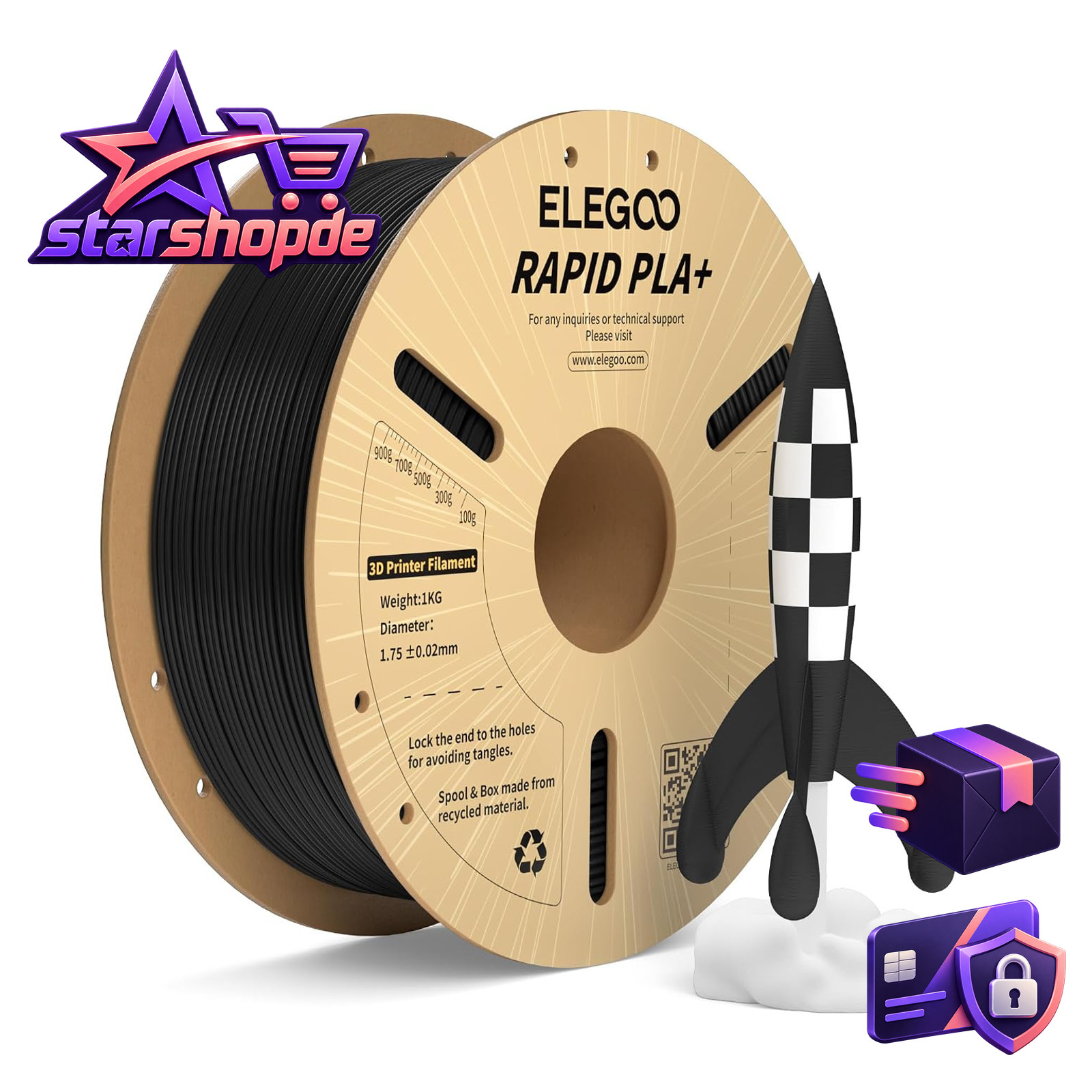 ELEGOO High Speed PLA+ Filament 1.75mm Schwarz 1KG, PLA Plus Filament