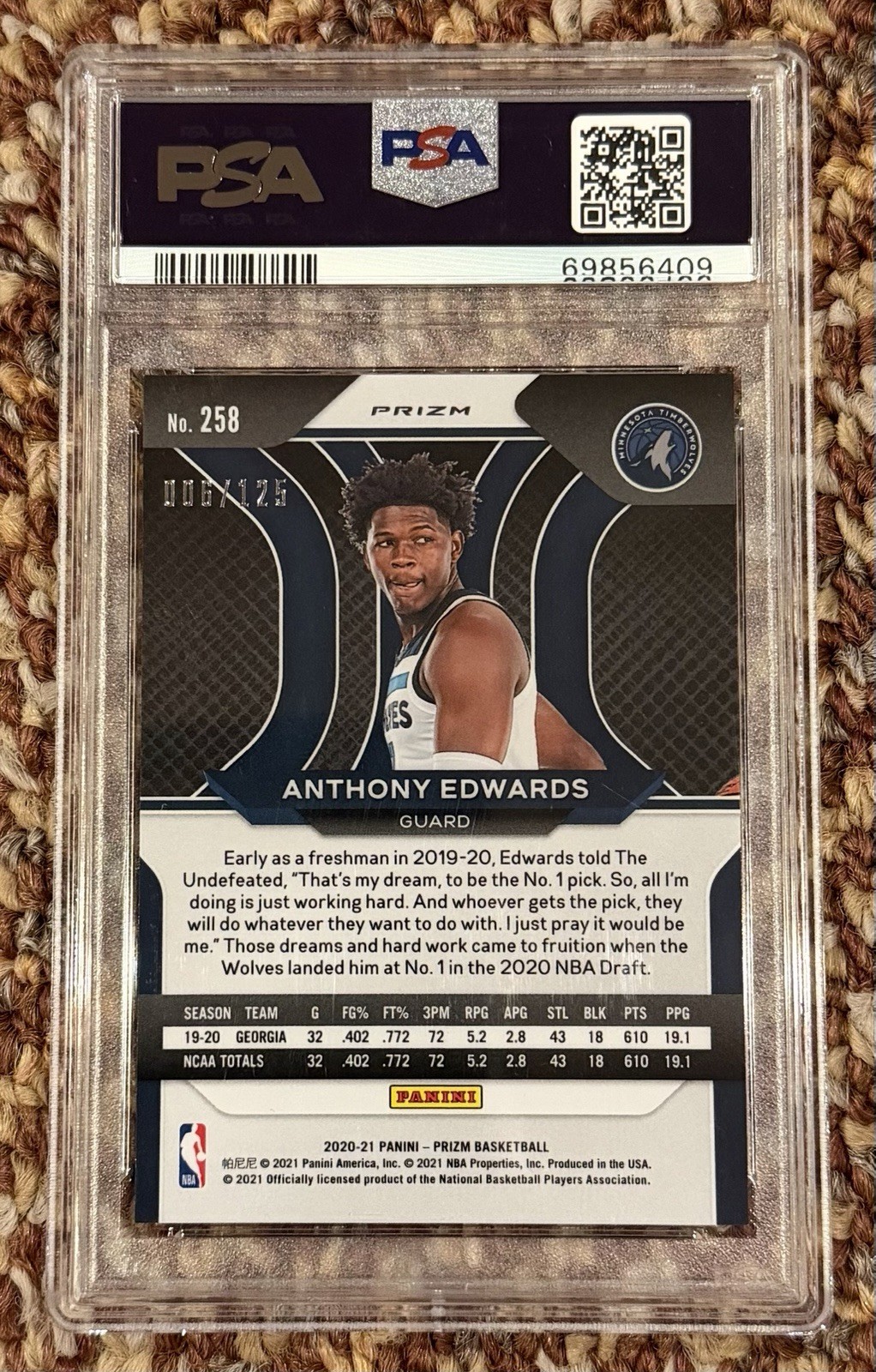 2020 PANINI PRIZM #258 ANTHONY EDWARDS RC 6/125 FAST BREAK RED PRIZM PSA 10 GEM view 4
