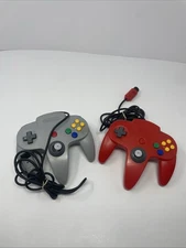 Lot (2) Nintendo N64 Game Controllers Red & Gray Stick Drifts For Both.
