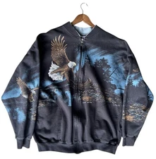 Vintage Art Unlimited Eagle Nature All Over Print Sweatshirt Men's XXL USA Black