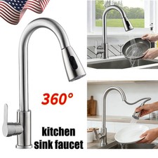 Kitchen Sink Faucet Brushed Nickel Single Handle Swivel Pull Down Sprayer Mixer 
