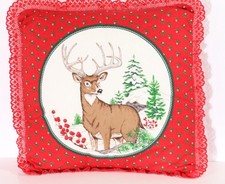 Vintage Handmade Red Quilted Throw Pillow Country Cabin Lace Trim Wildlife Print