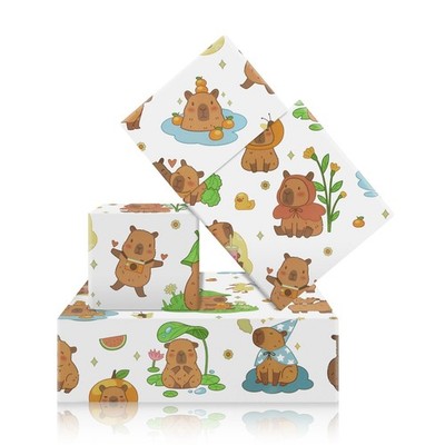 Geluode Capybara Birthday Wrapping Paper For 1 sheet (Pack of 4), white brown 
