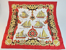 Vintage Red, Golden and Black Nautical Scarf, Sailboat Faux Silk Scarf