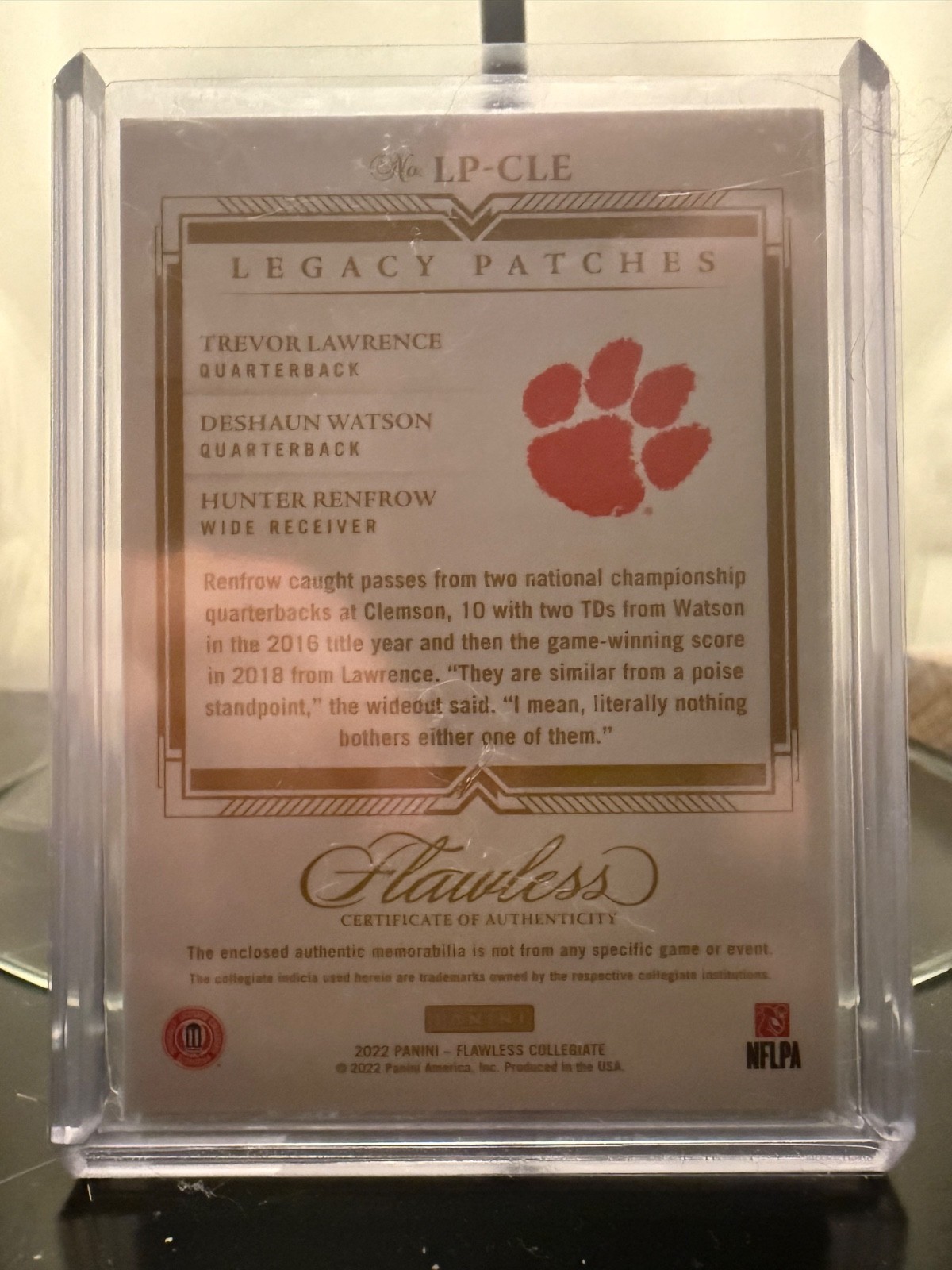 1/1 Laundry Tags 2022 Flawless Trevor Lawrence DeShaun Watson Hunter Renfrow view 2
