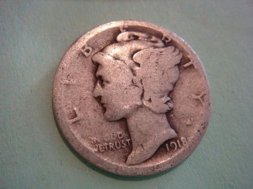 1918 P Mercury Dime -  Worn edges album filler , actual coin in photo