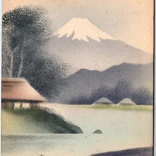 c1910s Handmade Japan Art PC Mount Fuji Spray Paint Lake House Trees Scenic A338