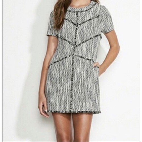 Ali & Jay Black White Tweed Fringe Trim Short Sleeve Mini Sheath Dress Size S