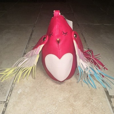 Betsey Johnson Applique Fringe Bird Wristlet Bag Fuchsia Pink Designer Motif