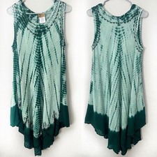 Tie Dye Green Embroidered Midi Dress Asymmetrical Hem Beach Swim Coverup Boho