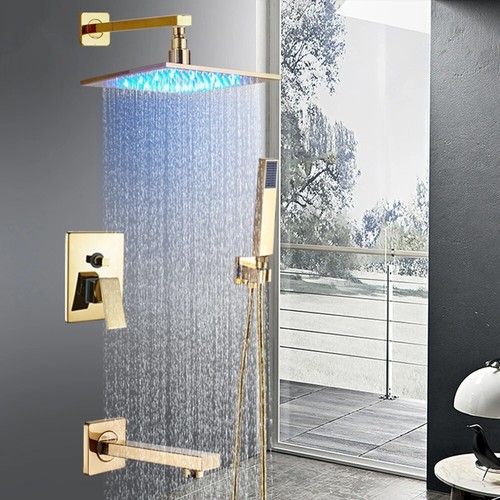 Gold Shower Faucet Set 12" LED Rainfall Head Combo Tub Spout w/ Mixer Valve Kit