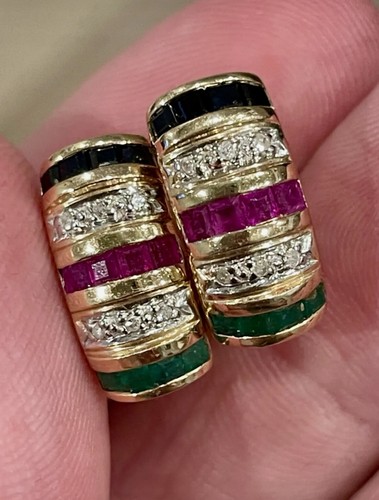 14kt gold Natural Emerald Sapphire Ruby Baguette Diamonds Clip Earrings
