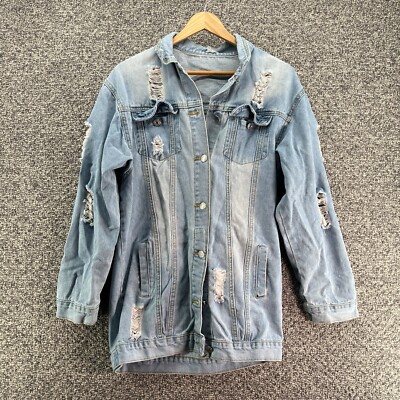 Shein Distressed Denim Jacket Blue Womens Sz S Buttons Collared