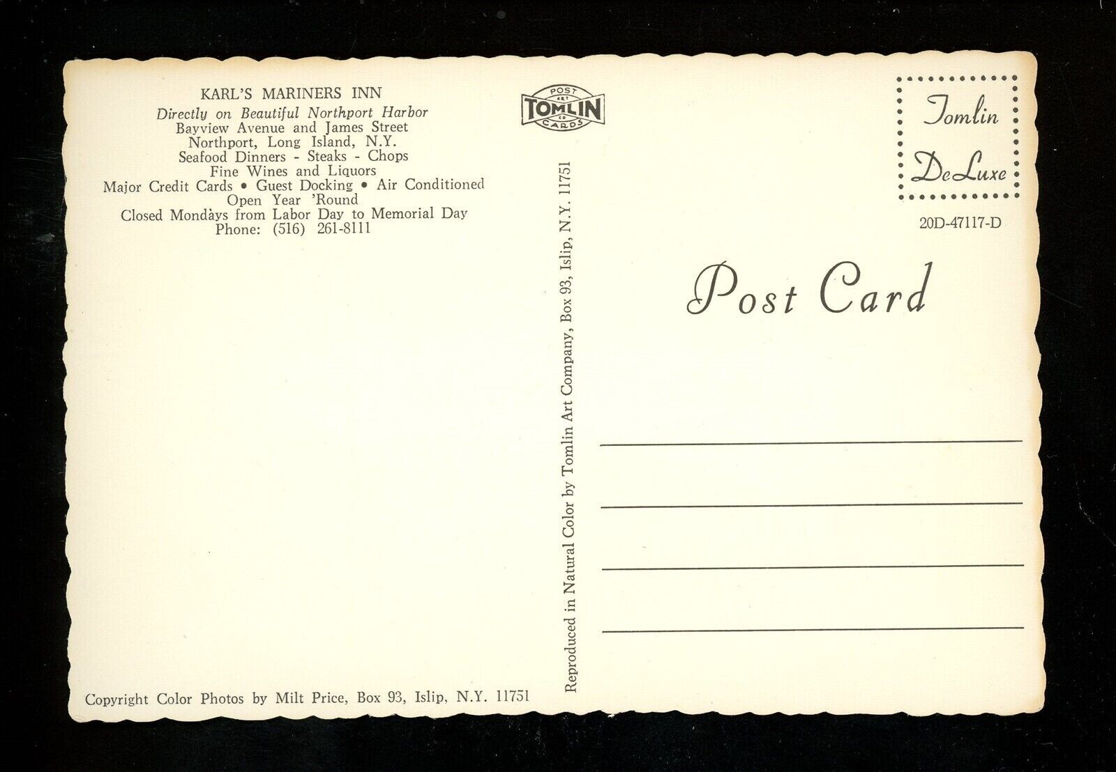 Restaurant postcard New York NY Northport Long Island, Karl's Mariner