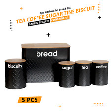 5pc Black Kitchen Storage Tins Bread Bin Canister Set with Airtight Bamboo Lid 