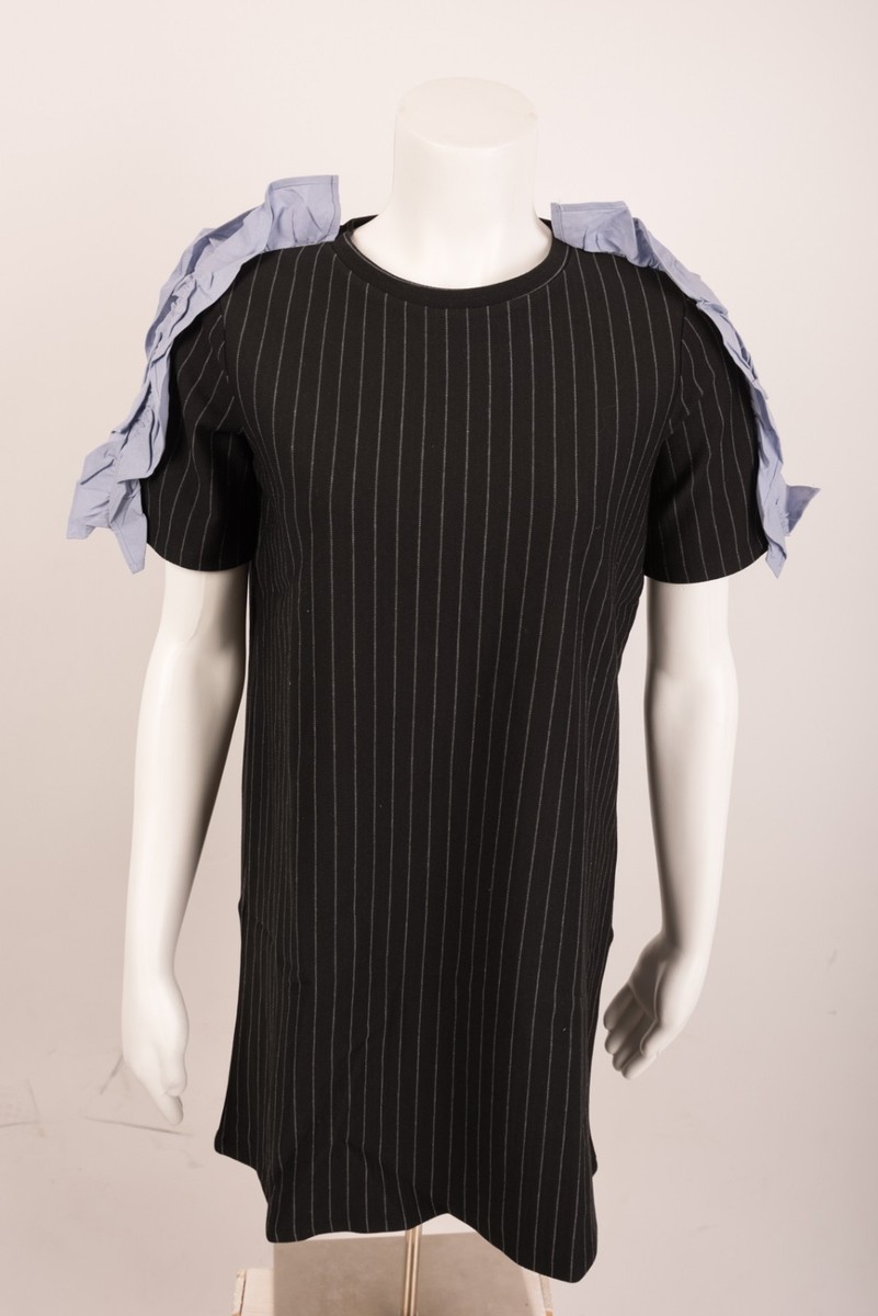 【PORTERNA】Roben Stripe Off-Shoulder Zara Women's Pinstripe Dress Small Black Blue Ruffled