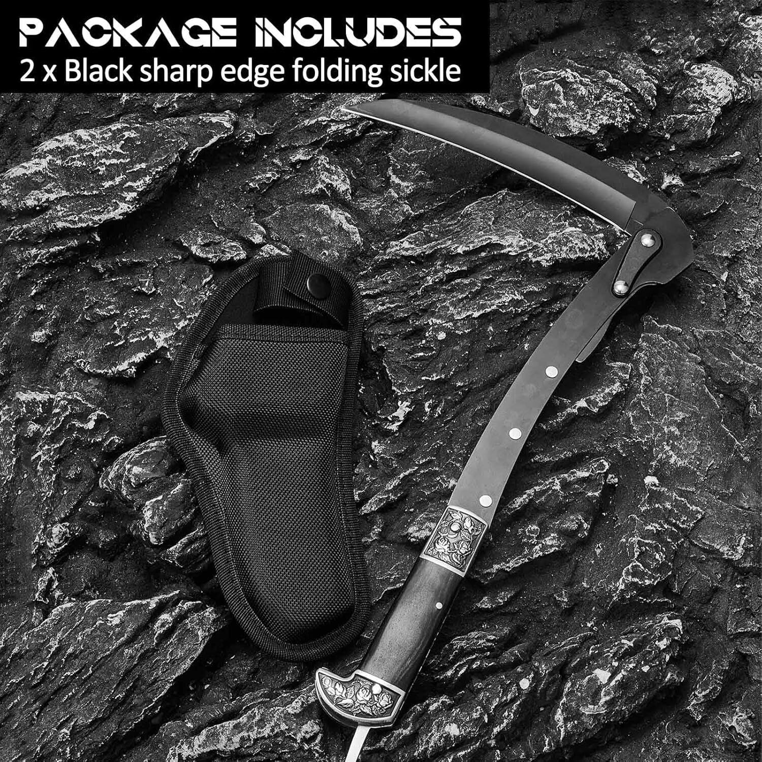 2 Pcs Folding Sickle,14.6in.Grass Hand Sickle Knife,Wooden Handle Manual Sickle