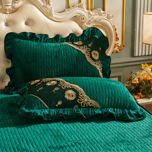 Vintage Latex Lace Velvet Quilted Bedspread Queen Zipper Soft King Bed Skirt 3pc - Picture 15 of 60