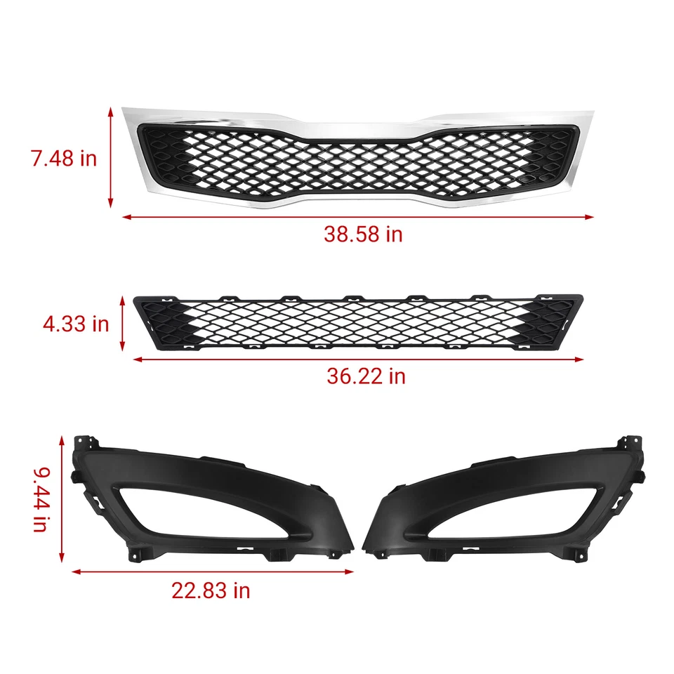 For 2011 2012 2013 Kia Optima LX EX Front Upper Lower Grille w/ Fog Light Bezels Foto 3 de 4