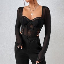 Women Sheer Bustier Boned Corset Crop Top Square Neck Mesh Lace Party Clubwear