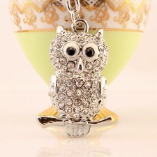 Small Silver Owl Keychain Rhinestone Crystal Charm Cute Bird Animal Gift 01087