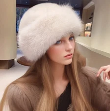 Women Faux (fake) Mink Fur Hat Cap Warm Beanie Fluffy Fur Brim Beige