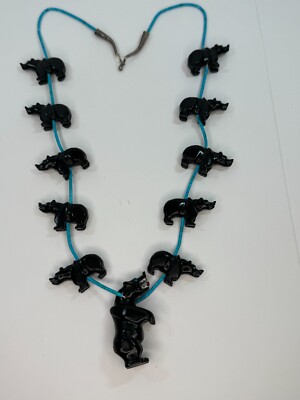 Fetish Jet Black Bear (11) Necklace MOP Teeth Turq Heishi Native American  (S4
