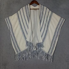 Lucky Brand Poncho Women XS/S Ivory Blue Stripe Coverup Fringe Coastal Core Boho