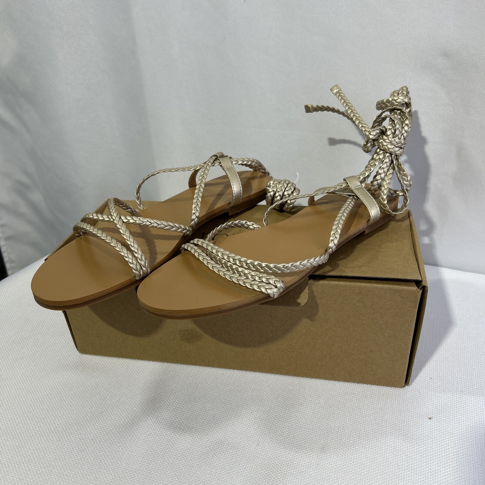 J. CREW Women's Metallic Gold Strappy & Braided Ankle Wrap Sandals Size 8