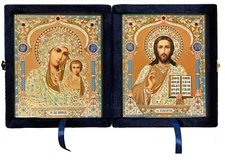 Two Toned Foiled Virgin of Kazan and Christ the Teacher Diptych Icon Velvet
